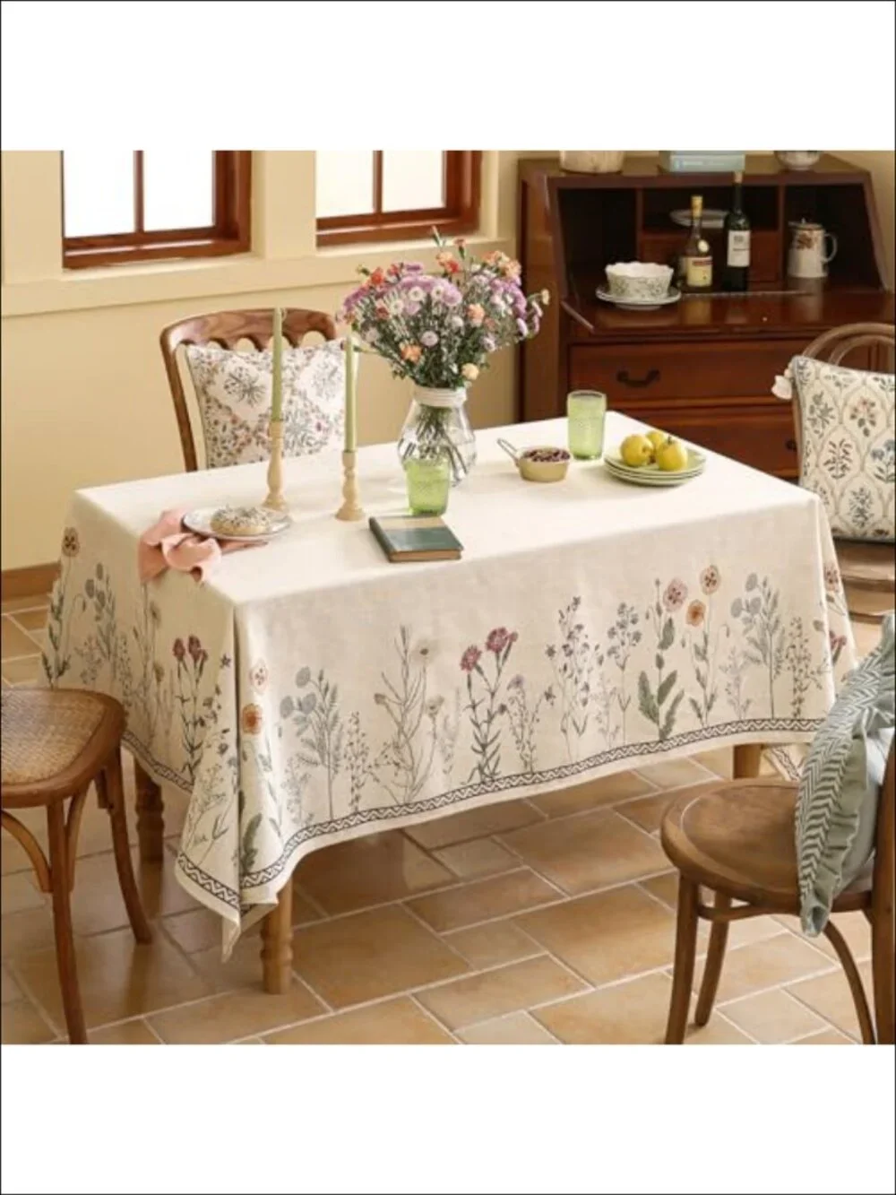 Linen Polyester Square Tablecloth 55x55 Floral Hand-Painted French Dining